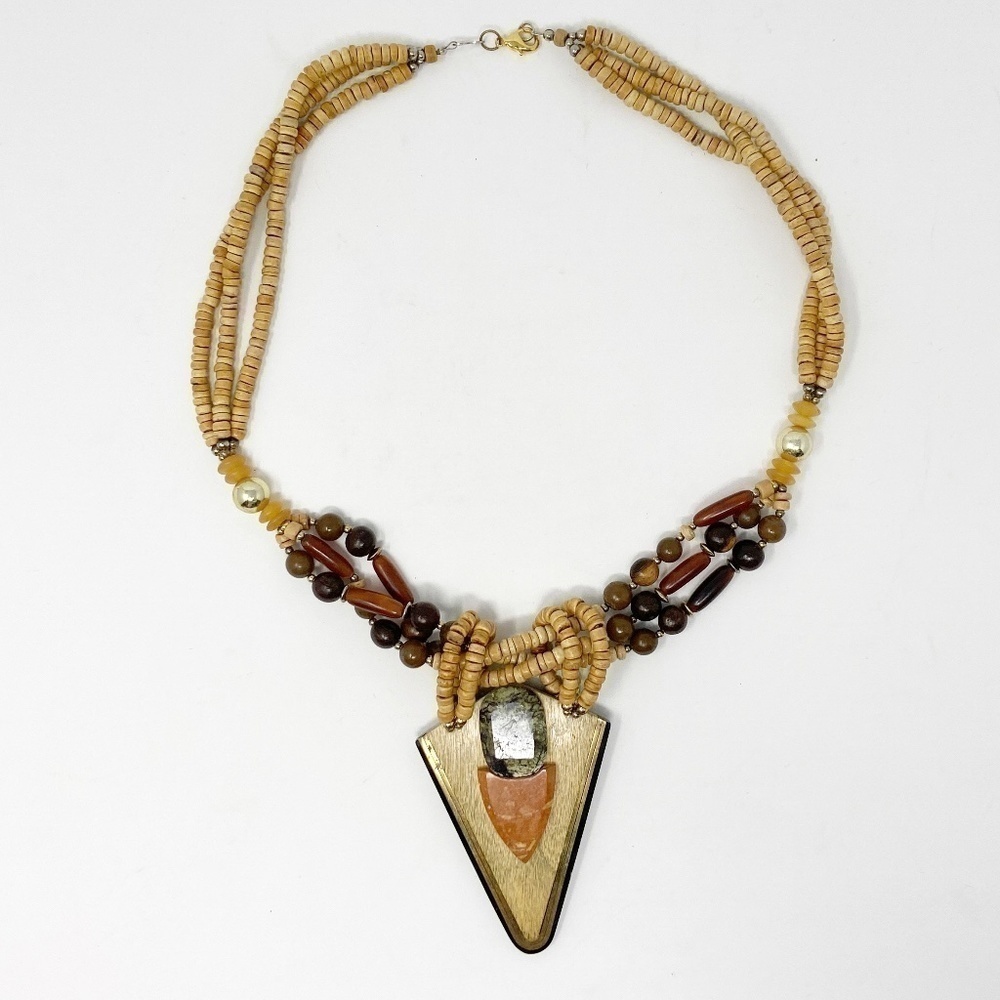 VINTAGE | Long Boho Beaded Statement Necklace Wood